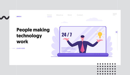 Obraz na płótnie Canvas Online Technical Support 24/7 Service Landing Page. Hotline Operator Character. Customer Service Call Center Concept. Male Assistant Advises Client Website Banner. Vector flat cartoon illustration