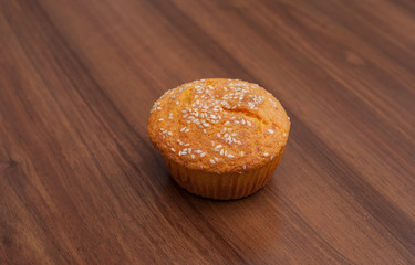 Beautiful golden cornbread on wooden table. Healthy food