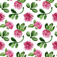 Red clover flowers with leaves - romantic summer watercolor  illustration - botanic - seamless pattern - isolated on white background