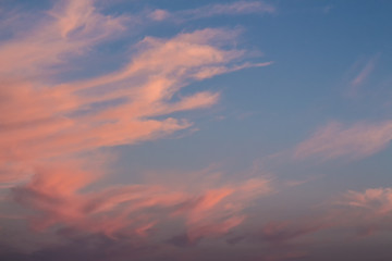 Naklejka na ściany i meble Sunset pink sky. Bright orange sky at sunrise. Beautiful gentle cirrus clouds.