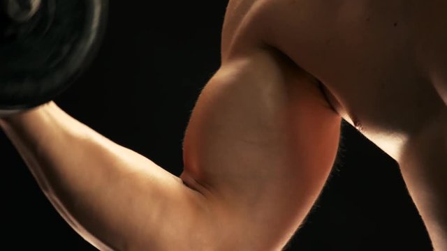 Close up man having workout with dumbbell. Young man with naked torso flexing his big biceps. Hard work gives perfect shapes.
