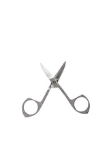 Fototapeta premium Hand care tool - small shiny stainless steel manicure scissors, isolated on white background, close, short focus