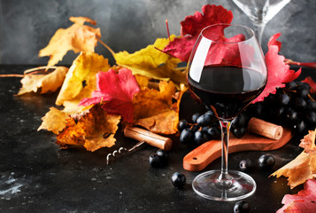 Red wine in wine glass, autumn still life with red and yellow leaves, wine tasting, copy space,...
