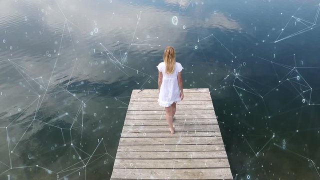 Artistic computer cyberspace network with a woman at pond. 