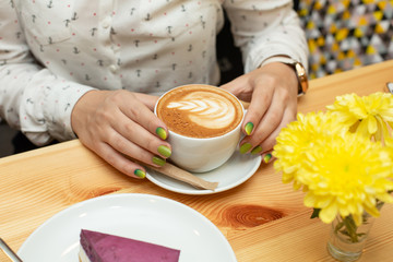 Woman dinner with cheessecake and coffee at restaurant