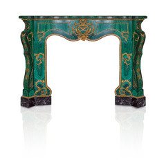Fototapeta premium Malachite fireplace with gold decorations isolated on white background