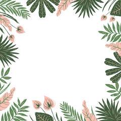 Fototapeta na wymiar Frame of tropical leaves and flowers. Unique design of greeting card template