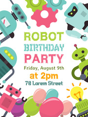Robot waving, robotic humanoids for kid party poster vector illustration. Happy birthday party welcome. Celebration for children. Futuristic artificial intelligence technology.
