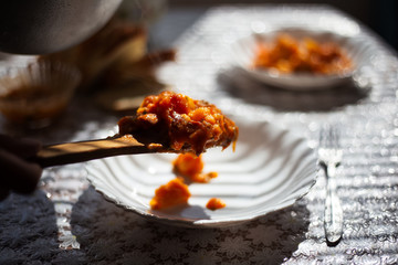 Close-up of vegan food, potatoes and carrots
