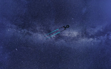 Science Fictional image of a starship in deep space and milky way on the background. Wallpeprer.