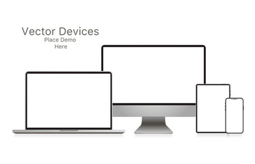 Mockup realistic device. Set of laptop, tablet, computer and phone. Vector