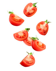 Falling tomato isolated on white background, clipping path, full depth of field - obrazy, fototapety, plakaty