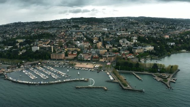 Aerial establishing shot of Lausanne, Switzerland