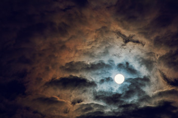 Fototapeta na wymiar Full moon and cloudy sky, mysterious night atmosphere, fantasy and mysterious moonlight concept, copy space
