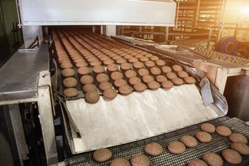 Fototapeta na wymiar Confectionery food factory. Production line or conveyor belt, baking cookies process manufactory