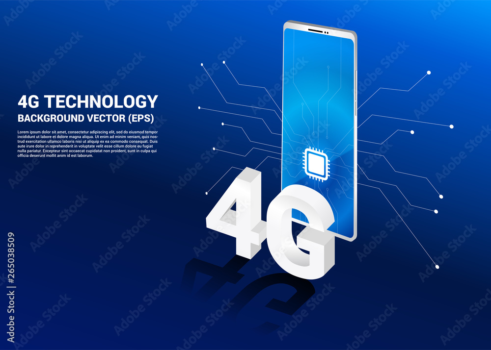 Poster 3d isometric 4g and mobile phone with cpu icon. concept for mobile phone technology and telecommunic