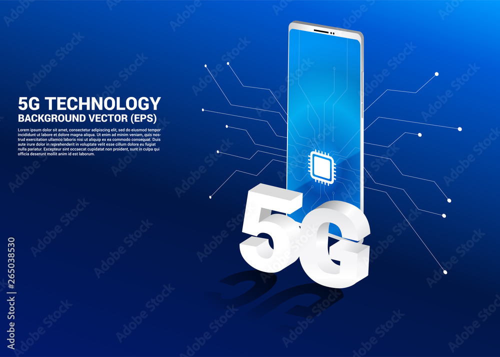 Poster 3d isometric 5g and mobile phone with cpu icon. concept for mobile phone technology and telecommunic