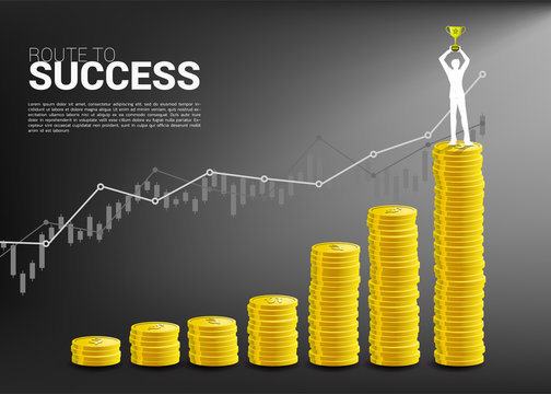 Silhouette of businessman with winner trophy standing on top of and growth graph with stack of coin. Concept of success investment and growth in business