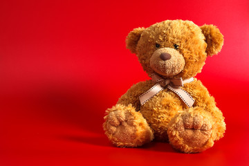 Soft warm cute brown teddy bear on color background. Isolated. Soft red background. Copy space for text.