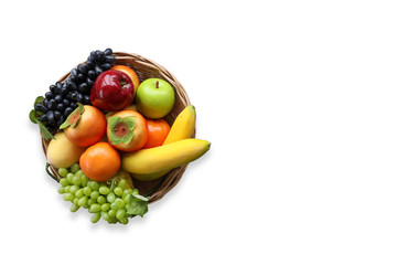 a group of fruits background top view isolated and white background