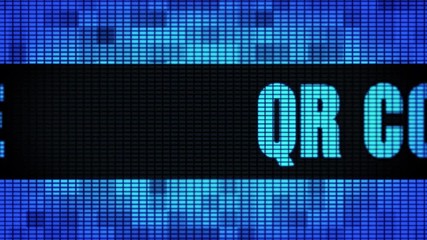 QR Code Front Text Scrolling on Light Blue Digital LED Display Board Pixel Light Screen Looped Animation 4K Background. Sign Board , Blinking Light, Pixel Monitor, LED Wall Pannel