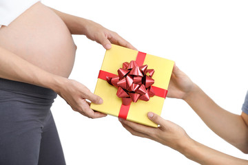 husband giving presents to young pregnant belly wife isolated and white background