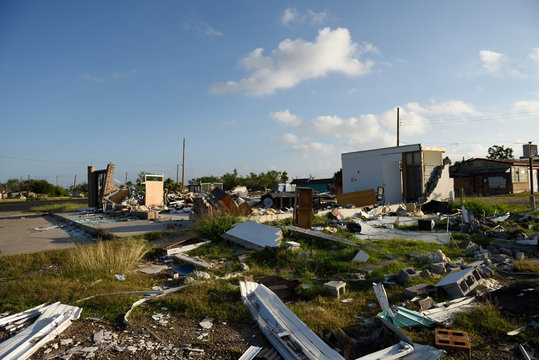 View Of Major Wind Damage And Building Destruction And Debris After Hurricane Harvey, Rockport, Texas