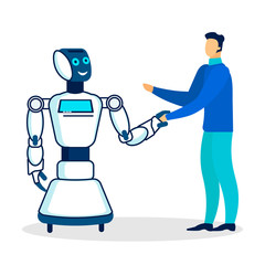 Cheerful Robot Greeting Man Flat Illustration