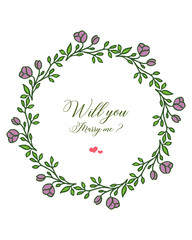 Vector illustration greeting card will you marry me for pattern purple flower frame