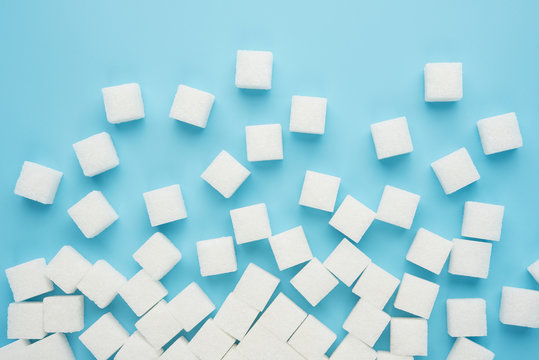 White Sugar Cube Isolated On Blue Background Top View Food Drink Cooking Object Design