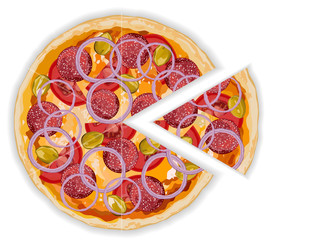 Italian original pepperoni pizza with tomatoes and onion on white background