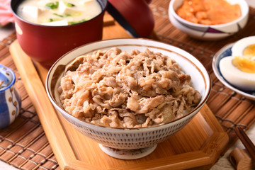 Gyudon - a bowl of rice with sliced beef, onion and sweet sauce. 