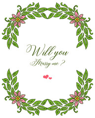 Vector illustation elegant green leafy floral frame with greeting card will you marry me