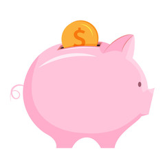 Flat illustration of piggy bank with gold coin inserted