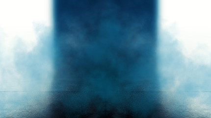 Empty background scene. Dark street reflection on the wet pavement. Rays of blue neon light in the dark, neon figures, smoke. Night view of the street, the city. Abstract dark background.
