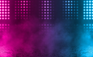 Empty background scene. Dark reflection of the street on the wet asphalt. Rays of neon light in the dark, neon figures, smoke. Night view of the street, the city. Abstract dark background.