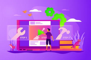 Education video, modern teaching tool, interactive learning and video tutorial concept. Vector isolated concept illustration with tiny people and floral elements. Hero image for website.