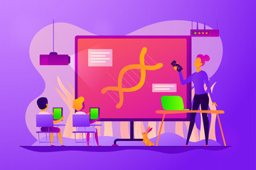 Digital classroom, flipped class and virtual learning, blended learning and smart classroom concept. Vector isolated concept illustration with tiny people and floral elements. Hero image for website.