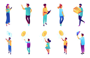 Tiny business people isometric 3D illustration set. Mamager with tablet and designer, businessman asking and showing, employee with savings and coins concept. Isolated on white background.
