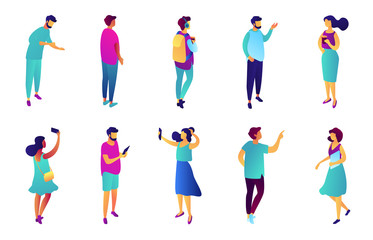 Tiny business people with different gestures isometric 3D illustration set. Businesswoman take selfie, employee and manager pointing, assistant and student concept. Isolated on white background.