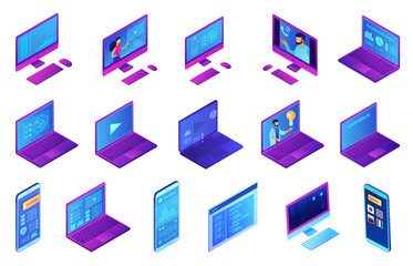 Electronic devices with video and data isometric 3D illustration set. Open laptop and gadgets, computer monitor and tutorial, mobile phone and application concept. Isolated on white background.