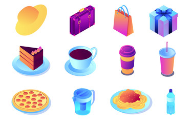 Fast food and drink, desert and shopping isometric 3D illustration set. Hat and suitcase, shopping bag and gift box, lunch and quickly served food concept. Isolated on white background.