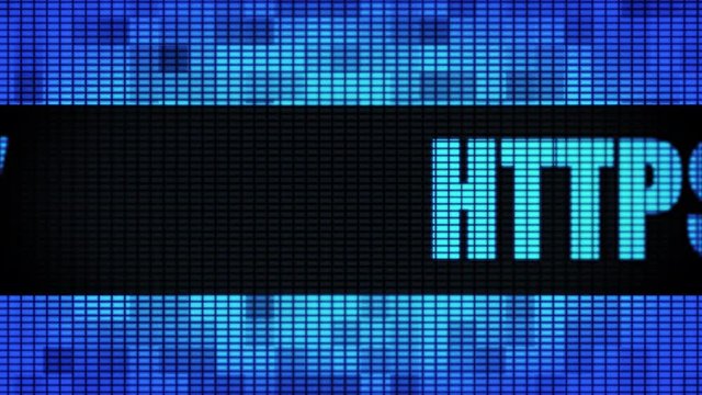 Https Front Text Scrolling on Light Blue Digital LED Display Board Pixel Light Screen Looped Animation 4K Background. Sign Board , Blinking Light, Pixel Monitor, LED Wall Pannel