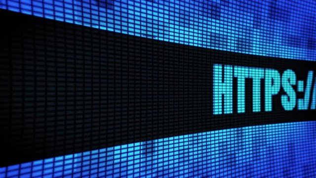 Https Front Text Scrolling on Light Blue Digital LED Display Board Pixel Light Screen Looped Animation 4K Background. Sign Board , Blinking Light, Pixel Monitor, LED Wall Pannel