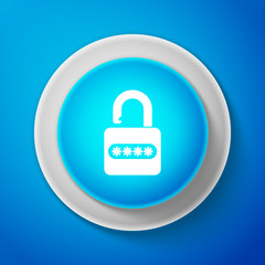 Password protection and safety access icon isolated on blue background. Security, safety, protection, privacy concept. Circle blue button. Vector Illustration