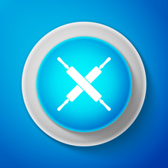 Crossed rolling pins icon isolated on blue background. Kitchen utensils and equipment. Circle blue button. Vector Illustration