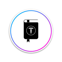 Medical book and Caduceus medical symbol icon isolated on white background. Medical reference book, textbook, encyclopedia. Scientific literature. Circle white button. Vector Illustration