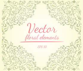 Wreath of roses or peonies flowers branches with living coral, green, sage, white nectar colors. Floral frame design elements for invitations and greeting cards. Hand drawn. Line art. Sketch.