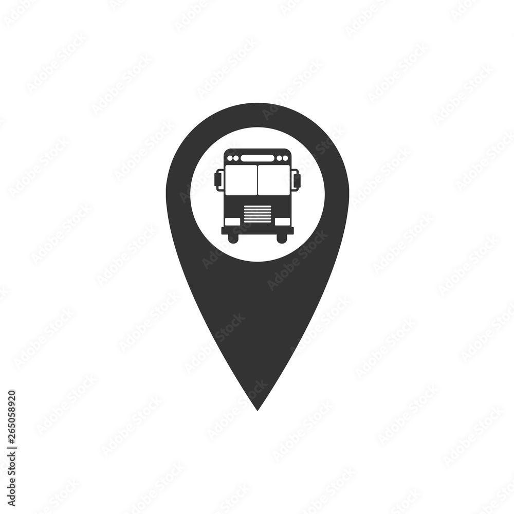 Poster map pointer with bus icon isolated. flat design. vector illustration