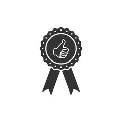 Thumbs up on medal badge with ribbons icon isolated. Flat design. Vector Illustration